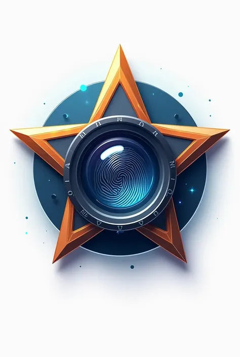 A logo that brings together a star, In the center the lens of a security camera and in the background inside the star the fingerprint