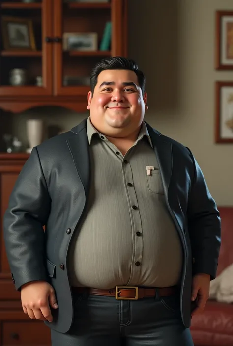 3d image realistic of fat man, atractive, with brown eyes and black hair, in the background a room