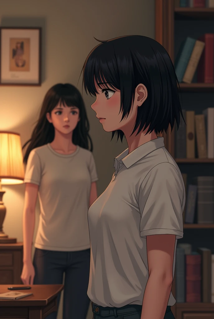 Teenage girl with short black hair wearing a white short sleeve polo shirt.Talking to a lady with long black hair in the background of a room