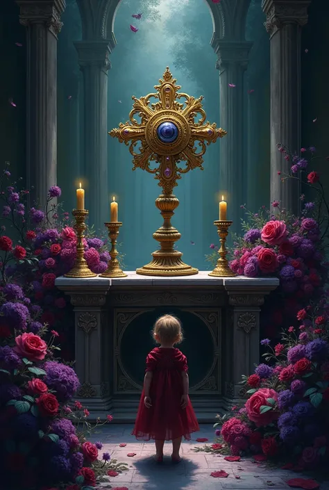 altar, monstrance, child, flowers, play villain
