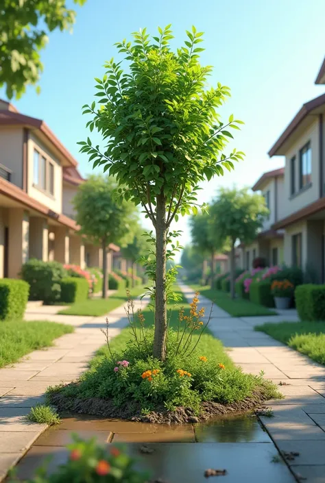 scene: A neighborhood where a withered plant and scattered debris are seen  . cheered up

