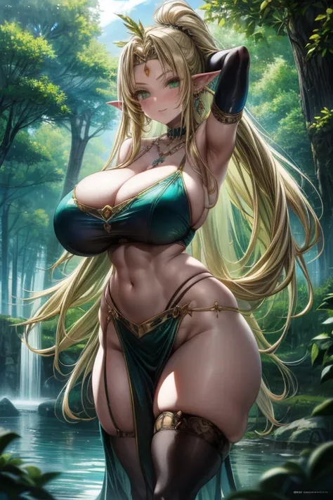 masterpiece, best quality, 1girl, solo, fantasy, cowboy shot, looking at viewer, pointy ears, elf, absurdly long hair, very long hair, blonde hair, big hair, elbow gloves, armband, pelvic curtain, wide hips, (huge breasts:1.2), green eyes, bare hips, earri...