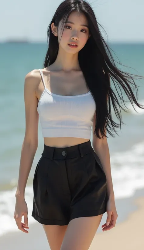 Korean girl wearing short skirt，long black hair 