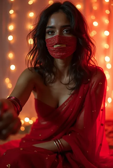 Aesthetic girl blindfolded duct tape gagged in red sparkling shimmering saree taking selfie tape gagged