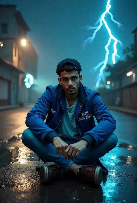 18 years younger man sitting on a deserted street during a storm: The street must be wet from the rain, with lightning in the background, and young must be dressed in casual clothes, looking thoughtful and intrigued.the young man wearing blue jaket, and je...