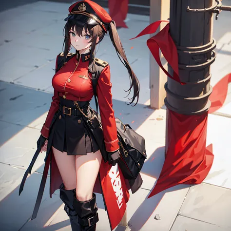 girl in black and red military uniform 