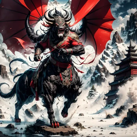 Kamada,((Masterpiece)),Best quality, ((illustration)),Original,extremelydetailedwallpaper,
((Fabulous ferocious animal)),{{anthro bull}},{{ Long horns}},(Red and black color),(Four feet:1.5)，(Solo),Mountain,Big and strong,The demons,tyrannical,No Man