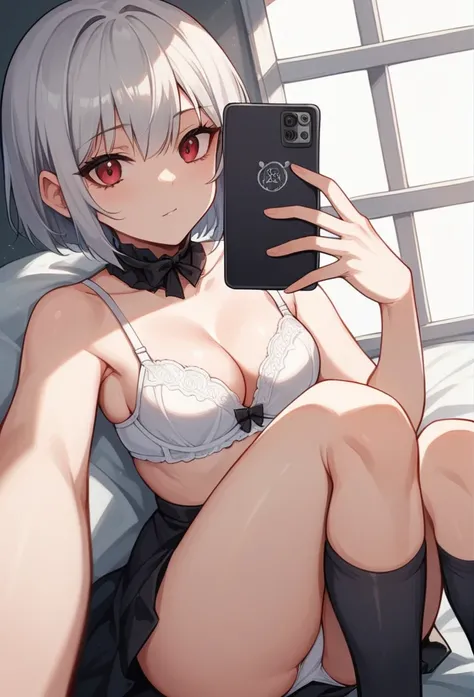 Selfie,Close-up of a woman in a dress photographing herself with a mobile phone,NSFW,　White panties,White bra
, cute girl, short silver hair, , black knee-high socks, ,High heel pumps,Gothic Lolita(:1.3),>:),upper body,Selfie,Girl sitting on the floor phot...