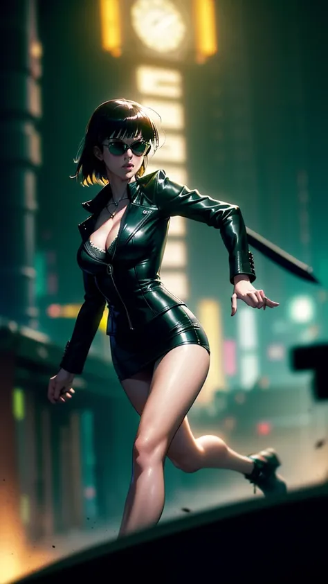 blade runner style city with a nocturnal vibe with Matrix-like aesthetic references, glowing huge clock tower as time machine, green glowing cascading code. At night, (1girl, solo, alone), photorealistic, medium-breast slim:0.6 body, oval:0.5 face, cleavag...