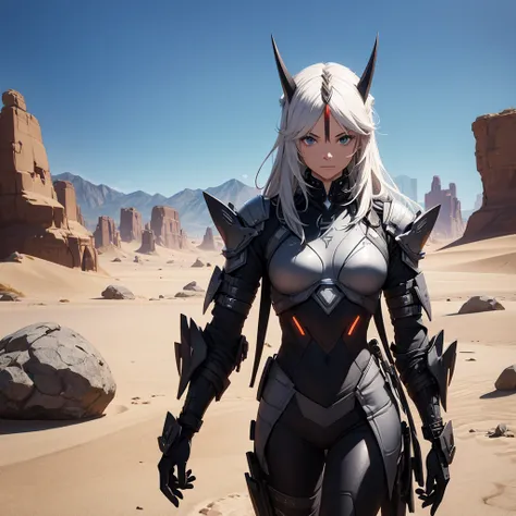 Make a character. alone. futurist. black futuristic armor. besides having futuristic horns. It should be in a desert setting.