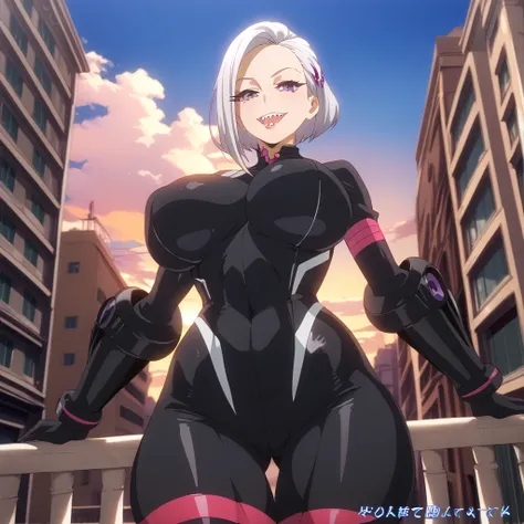 (NSFW) Detailed, best quality, 1 female, low angle, medium close up,  massive breasts, huge breasts, big breasts, big arms, purple LEDs, cowboy shot, big hips, MHA style, black body suit, heavy artillery suit, gloves, white hair, half shaved hair, purple e...