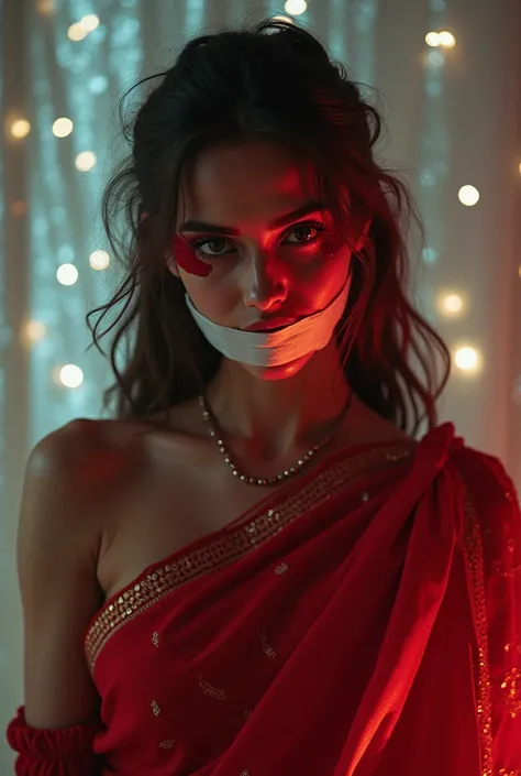 Aesthetic girl blindfolded duct tape gagged in red sparkling shimmering saree taking selfie tape gagged