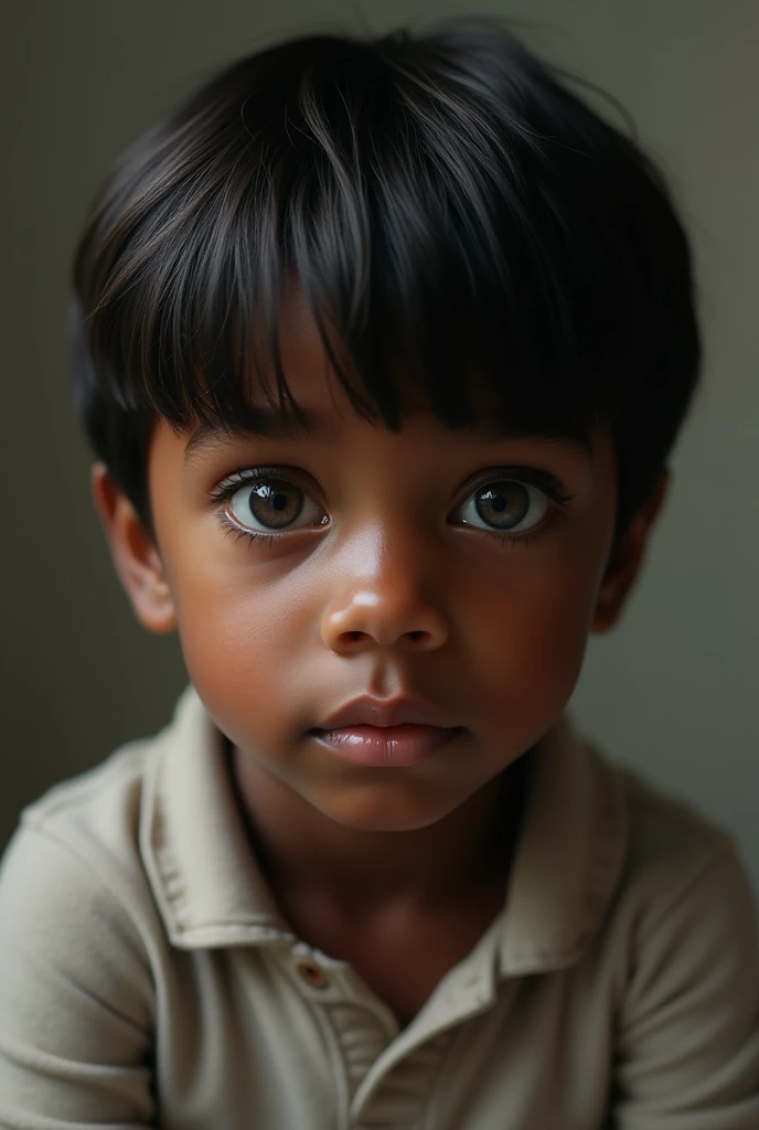 A  black boy, with straight hair and light eyes 