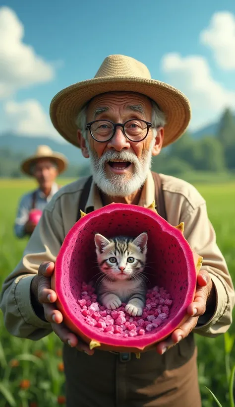 create realistic images A surprised elderly farmer wearing glasses and a straw hat is holding a large, hollowed-out dragon fruit with a small red kitten playing inside it. The kitten has its mouth wide open, appearing as if its meowing. Another farmer, par...