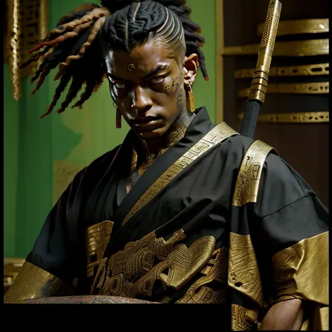 Black and gold ocelot, Egyptian warrior, dreadlock ultra high definition, imposing physique, aloofness, casual pose, jujutsu kaisen art style. 