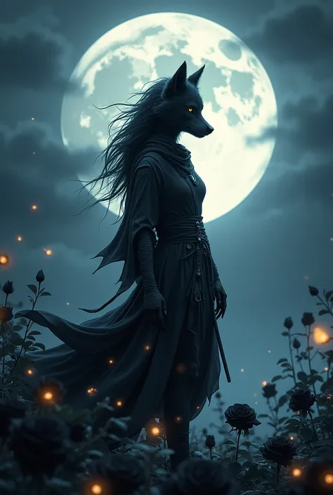 A ninja wolf hybrid girl in front of the moon amidst black roses surrounded by fireflies