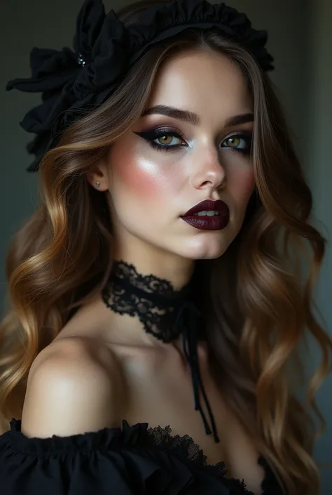 Woman approximately 2, long brown hair with blonde ends with curls, brown eyes and dark fantasy style gothic makeup