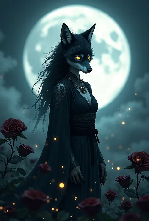 A ninja wolf hybrid girl in front of the moon amidst black roses surrounded by fireflies