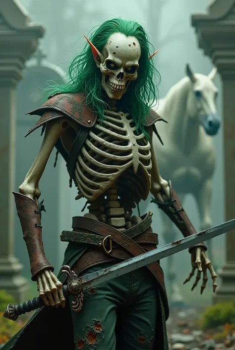 an ultra-realistic image of a male elf skeleton rogue pointing the rapier to the player, with some flesh on his bones, green hair, wearing rotten green leather armor, rotten green pants, with a phantom horse in the background of a cemetery