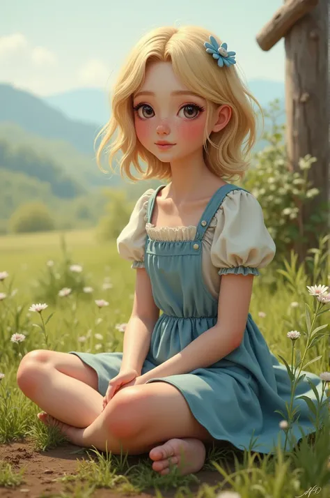 make me a 1 female character with white blonde skin, had salon-wave hair, clear eyes, freckles, she was a little chubby and was wearing a light blue dress. His legs had some light spots, type of a cow (vitiligo, I think that&#39;s the name). she sitting on...