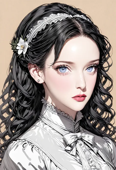 a pencil drawing of a young victorian governess, curly black hair. kind and inteligent energy. kat dennings