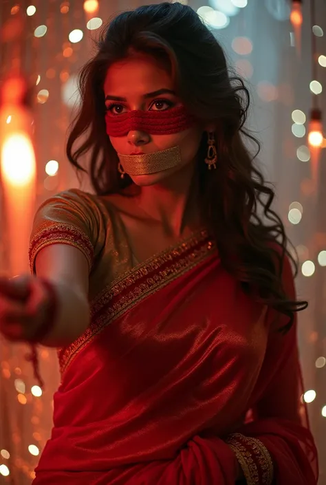 Aesthetic girl blindfolded duct tape gagged in red sparkling shimmering saree taking selfie tape gagged