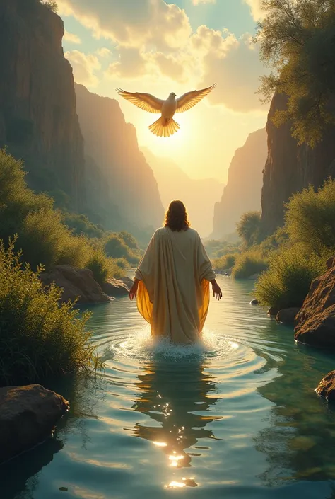 biblical history,
jesus christ on the banks of the river jordan with the holy spirit