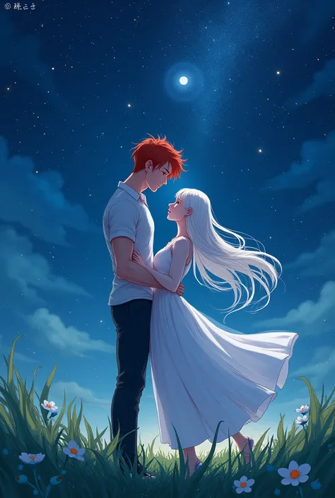 Create a drawing for a story called the path of the stars with the romance genre with a character with short red hair with a strong body and a character with white hair together in a green field at night in manwha style