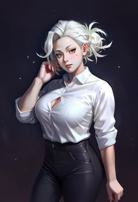 score_9, score_8_up, score_7_up, score_6_up, score_5_up, score_4_up, source_cartoon, rating_safe, by Kohei Horikoshi, 1girl, body shot, pale skin, beauty mark under one eye, curious expression, large eyelashes, white shirt, big breasts, black pants, long s...