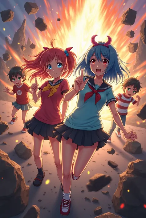 Anime Character 2 Girls 2 Boys Chaos Background Explosion 