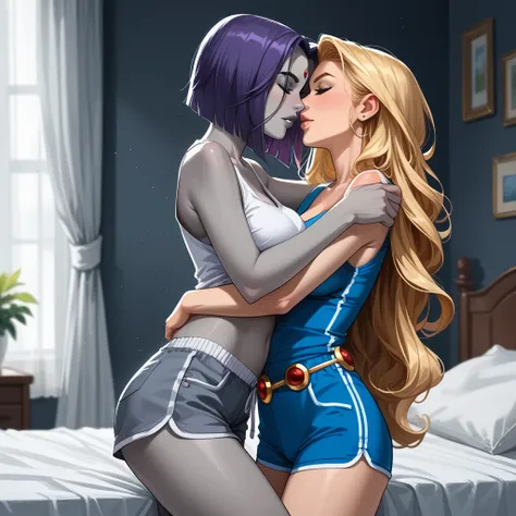 score_9, score_8_up, score_7_up, score_6_up, source_cartoon, adult women, yuri, couple, (2women), duo, BREAK adult, (Raven, grey skin:1.5), BREAK adult, (Terra_Markov from Teen Titans, blonde, long flowing hair:1.4), BREAK (bedroom, embracing, sexy tight p...