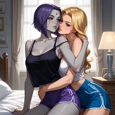 score_9, score_8_up, score_7_up, score_6_up, source_cartoon, adult women, yuri, couple, (2women), duo, BREAK adult, (Raven, grey skin:1.5), BREAK adult, (Terra_Markov from Teen Titans, blonde, long flowing hair:1.4), BREAK (bedroom, embracing, sexy tight p...