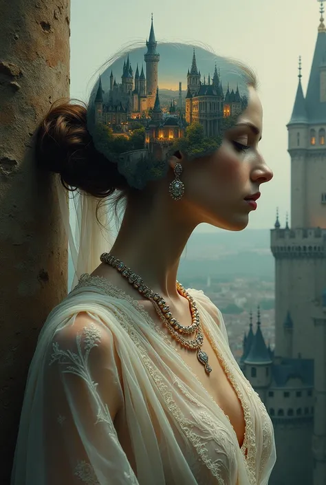 a 4D Double Exposure: portrait of a ((transparent woman with a double exposure castle city in her head)), in renaissance attire castle backdrop, oil painting, 3/4 profile view, ornate pearl necklaces, sumptuous fabrics, detailed embroidery, moody chiaroscu...