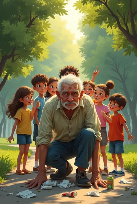 A group of children standing behind the back of an unhappy old man picking up trash in a park, laughing at him and pointing at him. 