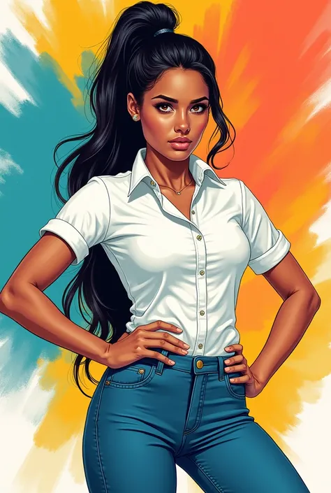 The image shows a colorful illustration of a female character with her hair tied in a high bun., wearing a white shirt and blue pants, with hands on waist