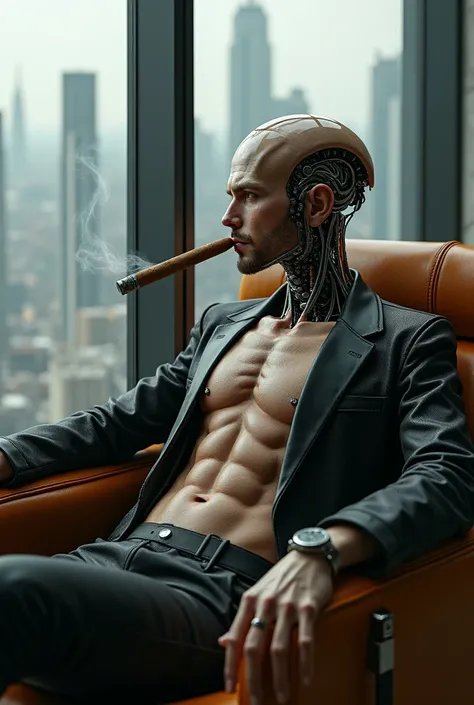 a skyscraper office in the big city, a male cyborg sits in a luxurious chair and smokes a big cigar, high quality, absurdres, masterpiece, beautiful, intricate details, 1/2 body crop, slim body, beautiful figure, magnificent anatomy, (intricate details:1.1...