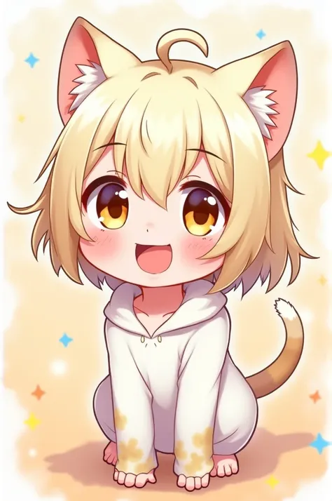 Create an image of a cute anime neko girl all happy grin platinum hair