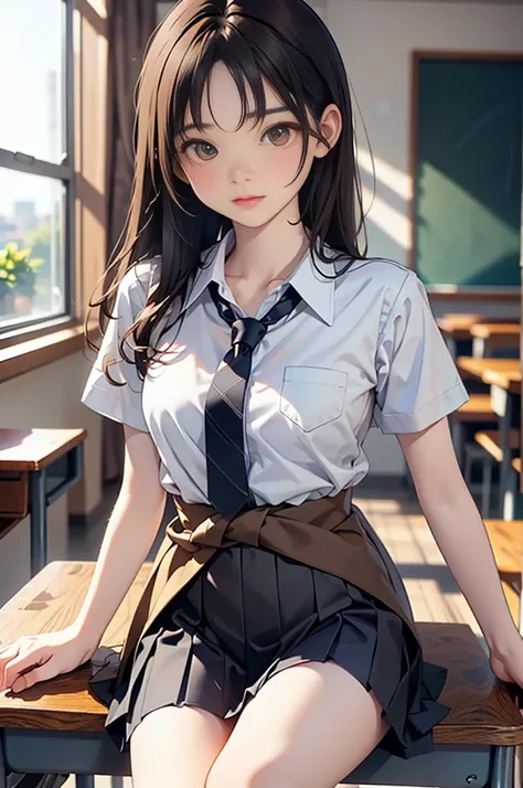 (Tabletop, Highest quality:1.2), 8k,LD, 85mm, Official Art, RAW Photos, Absurd, White blouse, Cute Face, close, Shooting from knee to overhead, beautiful girl,(Light brown eyes:1.3) , (Navy Pleated Skirt:1.1), ((Plump breasts)),(Large Breasts),((Narrow wai...