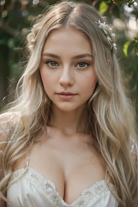 A beautifully enchanting young woman with platinum white wavy hair, green eyes, her features delicately highlighted in soft, natural hues, is the focal point of this exquisite photograph. Captured in a high-end like in an id photo, the image showcases her ...