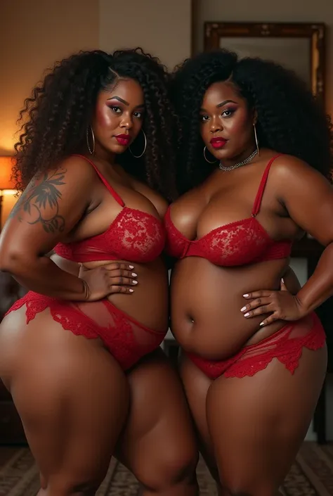 two sexy and suggestive huge large and fat bbw ebony women in fully transparent floral red lingerie bra and knickers

both are looking at viewer, biting their lips with lust

full body in frame, and warm, homely background with fireplace

unhumanly large a...