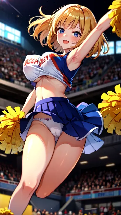 Tabletop, Highest quality, Huge boobs, (Shaking breasts, Uneven breasts:1.2), Motion Lines, Motion Blur, Jumping, From below, pom-pomを持っている, pom-pom (cheer leading), Cheerleader, Crop top, Pleated skirt, Panty shot, White panties, Super detailed, 4K , hard...