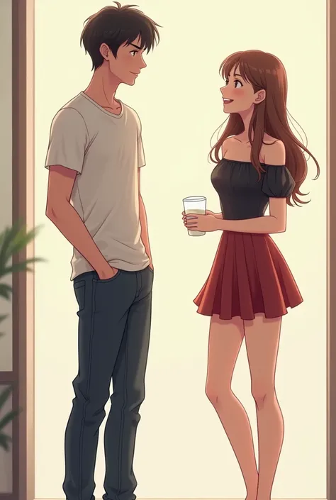 An handsome young man talking to a beautiful woman, the man is wearing a casual t-shirt, and a jeans pants, the woman is wearing a beautiful off sholder shirt and a little skirt, they are both smiling, they are both in their twenties, they arent too close ...