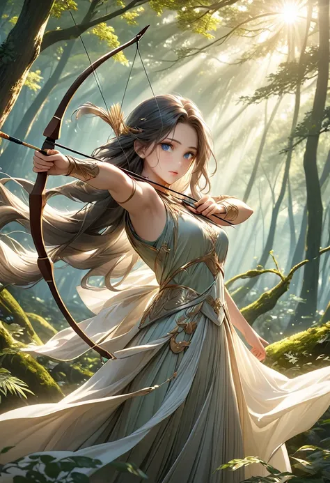 beautiful female archer, holding a bow, delicate face, beautiful eyes, detailed facial features, flowing long hair, elegant post...