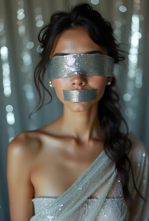 Aesthetic  girl blindfolded duct tape gagged in silver sparkling shimmering saree taking selfie tape gagged