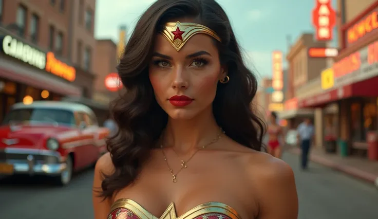 "Create an ultra-high quality, realistic close-up image of Wonder Woman inspired by the 1950s, as if captured on Super Panavision 70 film. She should embody the classic glamour and strength of the era, with meticulous details visible in her costume and exp...