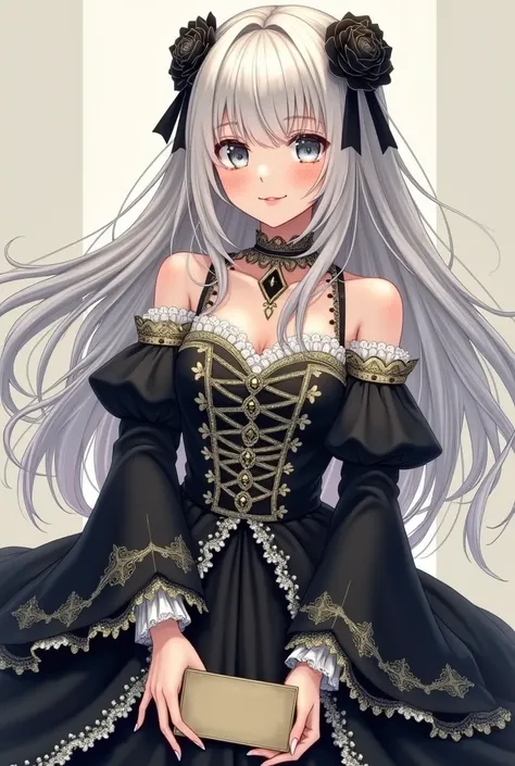 ((Best Quality)), ((masterpiece)), (detailed), 1 girl, Black medieval lace dress with white and gold details, holding a blank sign, grey eyes, long white hair, Whole body, smiling, Manhwa