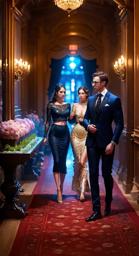 At the charity event, recreated in the style of photorealism, the hall is filled with a high society glamorous atmosphere. Elegant ladies in sumptuous outfits with plumes and diamonds glitter against the backdrop of an exquisite interior filled with flower...