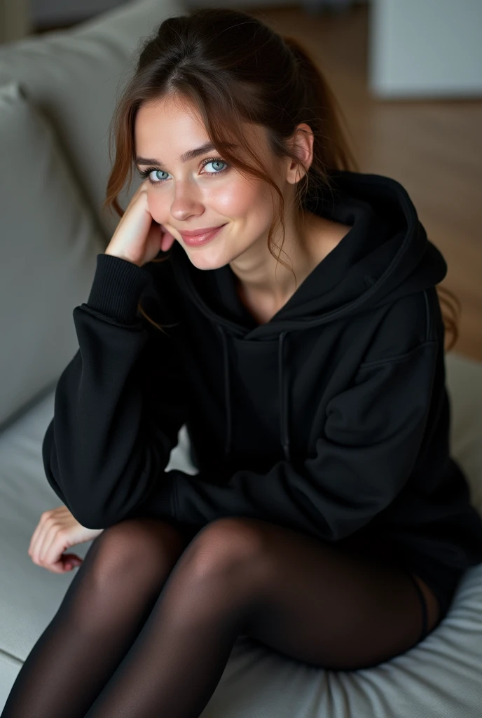 dark brown hair、pulled back ponytail、teaing smile、 she wears a black hoodie.、black pantyhose、adult german woman、blue eyes、showing her black pantyhose、lying on a couch、young german woman、wide angle、 she has ocean blue eyes.、