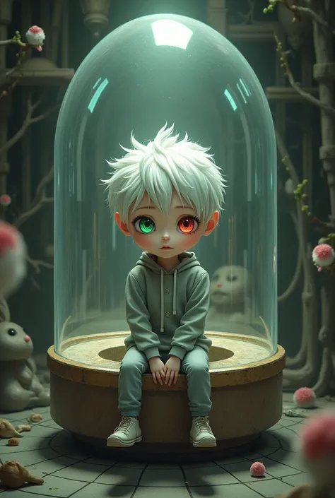 ((best quality)), ((masterpiece)), (detailed), one boy,short white hair,sit in Bullet, Left eye green,right eye red, illusion house