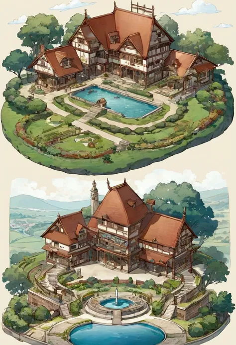 An anime style landscape. A house of two floors. The house that is U-shaped is divided into three parts. And in the center a garden with a fountain with a statue of a fox with eight tails. On the left side of the tip of the U, some animal farms are separat...